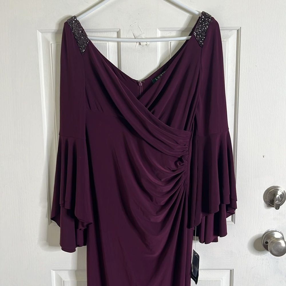 Lauren Ralph Lauren Bell-Sleeve Stretch Jersey Gown Beaded size 4 Wedding New - Picture 5 of 13